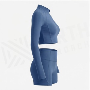 North Approach 2 Piece Yoga Set Quarter Zip Crop <b>Top</b> High Waist Shorts Solid Blue <b>Sweat</b> Wicking Breathable Sportswear - Product Image 3