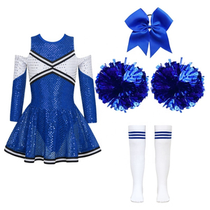 Conjunto de uniforme de porristas, vestido rojo y blanco de manga larga con pompones, lazo y calcetines hasta la rodilla para niños - Product Image 2