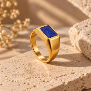 Natural Lapis Lazuli Signet <b>Ring</b> Rectangular Blue Gemstone <b>Ring</b> <b>Mens</b> Unisex Statement Jewelry Custom Gold Plated <b>Silver</b> <b>Ring</b> - Product Image 2