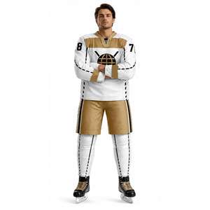 Maillot de hockey sur glace pour homme, blanc et or, sublimé, col en V, manches longues, respirant, coupe classique, vêtements pour adultes - Product Image 3