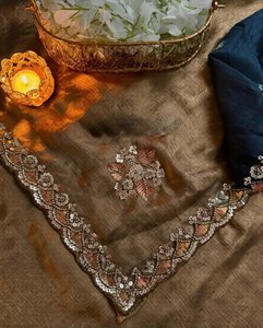 Aarika Textile Soft <b>Satin</b> Chiffon <b>Saree</b> Elegant Beads Work Rich Designer Look 5.5 Meter <b>Saree</b> <b>Satin</b> Blouse Party Wrinkle Free - Product Image 4