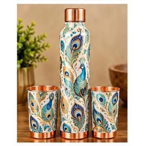 Floral Bird Pattern <b>Metal</b> <b>Water</b> <b>Bottle</b> with Two Cups Set Portable Drinkware for Travel - Product Image 3