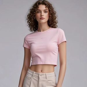 Customized Women Slim Fit <b>Crop</b> <b>Top</b> Stretchy Baby Tee Neck Embroidery Printed Fitness Cropped Mock Neck Style T-Shirt - Product Image 3