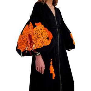 Women Black Cotton Maxi <b>Dress</b> Orange Floral Balloon Sleeve V Neck Tie Waist Tassel <b>Boho</b> Long <b>Dress</b> - Product Image 3