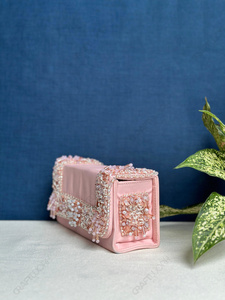 Bolso de mano nupcial indio hecho a mano con perlas de cristal rosa pastel, bolso de noche de satén de diseñador para fiesta de boda, para mujer - Product Image 2