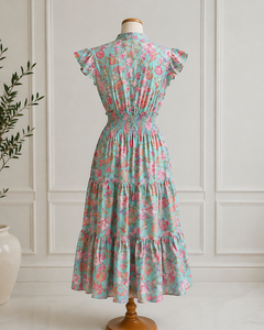 ชุดเดรสผ้าฝ้ายลายดอกไม้สำหรับผู้หญิง ทรงพลิ้วไหว ยาวถึงข้อเท้า ช่วงเอวสม็อค กระโปรงทรงยาว มีกระเป๋าข้าง พิมพ์ลายด้วยมือ ผลงานชิ้นเอก ใส่สบายในฤดูร้อน - Product Image 5