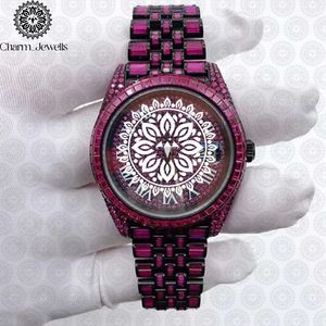 Montre de luxe pour homme Charm_Jewells en acier inoxydable, boîtier de 40 mm, cadran analogique mécanique avec cristaux violets, bracelet tendance hip-hop - Product Image 1