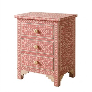 Table de chevet indienne artisanale en os incrusté rose, motif floral luxueux, 3 tiroirs, meuble d'appoint pour chambre à coucher - Product Image 1