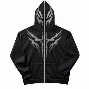 Sudadera con capucha personalizada para hombre con pedrería, corte y confección, lavado ácido, oversize, tipo pullover, con apliques y patchwork, corte holgado, estilo desgastado - Product Image 1