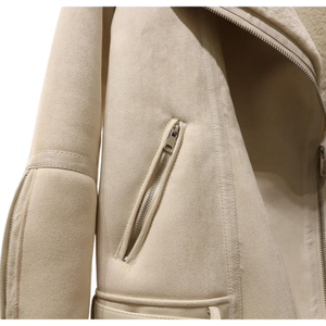 Women's Finished Faux Shearling Biker <b>Jacket</b> Solid Windproof Breathable Thin Zipper Closure Winter Warm <b>Suede</b> Coat ODM Wholesale - Product Image 3