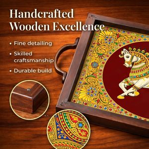 Horse Printed <b>Sticker</b> Wooden Serving Tray with Handle Rectangular Shape Deluxe Grade Elegant Decorative Design for Restaurant - Product Image 4