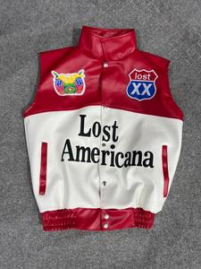 Chaleco de Cuero PU Rojo y Blanco para Hombre Lost Americana, Casual, con Cuello Camisero, Estampado por Transferencia Térmica, Decorado con Remaches, Resistente al Viento - Product Image 2