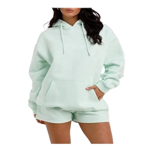 Ensemble short et sweat à capuche en toile coupe droite et col montant, motif uni, pour femme – Tenue décontractée et activités de plein air - Product Image 1