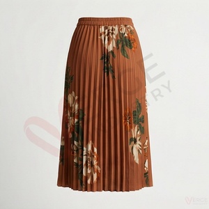 Women's Rust Orange <b>Elastic</b> <b>Waist</b> Pleated Midi <b>Skirt</b> Floral Print - Product Image 2