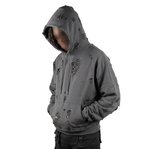 Winter Streetwear Distress Hoodie <b>Men</b> <b>Pullover</b> Distressed Hoodies <b>Men's</b> Oversize Drop Shoulder Distress Hood Top <b>Men</b> - Product Image 1