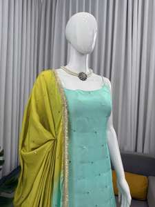 Élégant Salwar Kameez en soie turquoise et moutarde avec broderie, robe de mariée traditionnelle indienne et pakistanaise longue jusqu'au sol - Product Image 3