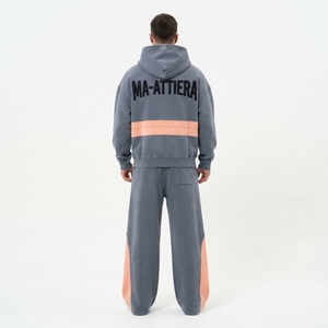 Conjunto de Sudadera con Capucha y Cremallera Gris Naranja para Hombre y Pantalones de Pierna Ancha con Paneles en Contraste y Detalles de Tachuelas, Chándal Estilo Urbano, Personalizado OEM ODM - Product Image 2
