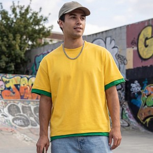 Camiseta Amarilla Extra Grande para Hombre con Ribete Verde en Contraste, Manga Corta, Cuello Redondo, Diseño Deportivo, 100% Algodón, Tejido de Punto Ecológico - Product Image 6
