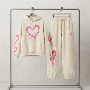 Women's Cream Graffiti Heart Hoodie <b>Tracksuit</b> Set <b>Pink</b> Printed Sweatshirt Wide Leg Pants Streetwear Two Piece Outfit - Product Image 3