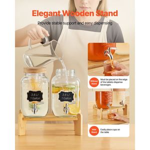 Set di 2 Dispenser per Bevande in Vetro da 1 Gallone con Rubinetto in Acciaio Inox e Supporto in Legno per Feste - Product Image 5