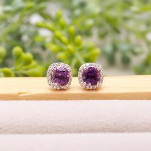 Boucles d'oreilles clous en améthyste naturelle, argent sterling 925, taille coussin halo, pierre précieuse violette, bijoux pierre de naissance de février - Product Image 4
