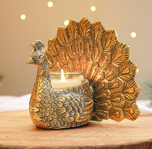 Stunning ornate antique gold brass peacock figurine <b>tealight</b> or candle holder base. Available at wholesale price. - Product Image 1