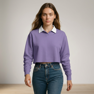 Camiseta de Punto Corta para Mujer, Transpirable, Color Morado, con Cuello Blanco, Manga Larga, Estilo Casual, Color Sólido - Product Image 3