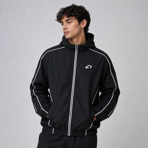 Veste coupe-vent à capuche entièrement zippée noire personnalisée pour homme, avec bandes réfléchissantes, style streetwear, coupe-vent léger, veste de sport pour homme - Product Image 6