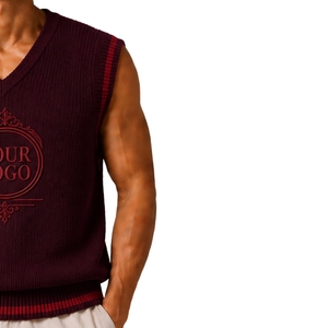 Chaleco de Punto para Hombre, Color Borgoña con Contraste Rojo, Cuello en V, Sin Mangas, Personalizable con Logotipo, Lana Acrílica, Venta al Por Mayor OEM - Product Image 4