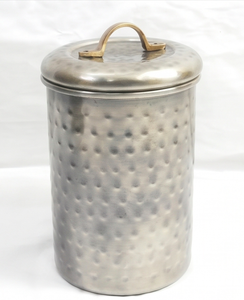 Hammered Metal Food Container With <b>Lid</b> Round Industrial Design Handcrafted Storage <b>Bin</b> For Kitchen Use And Home Use - Product Image 1