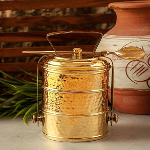Antique two tier brass tiffin <b>box</b>, vintage lunch <b>box</b> with frame, metal lunch <b>container</b>, available at wholesale prices. - Product Image 4