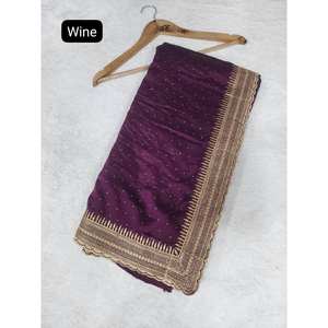 RICH LOOK VICHITRA SOIE BRODERIE SIROSKI TRAVAIL SAREE AVEC CHEMISIER NON COUDU VIN - Product Image 1