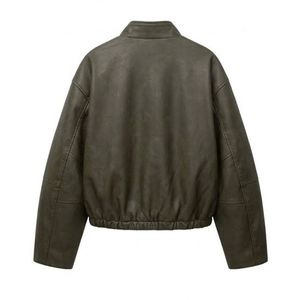 Faded Moss Sheepskin Supple Leather Jacket Stand Neckline Dual Flap Pockets Gathered Waist Hem Casual Fit Sleeves <b>Women</b> <b>Coats</b> - Product Image 2