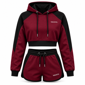 Women's 2 Piece Breathable Solid Hooded Sports Set Full Sleeve Crop <b>Top</b> Shorts Pockets Regular Fit Spring Summer Eco-Friendly - Product Image 3