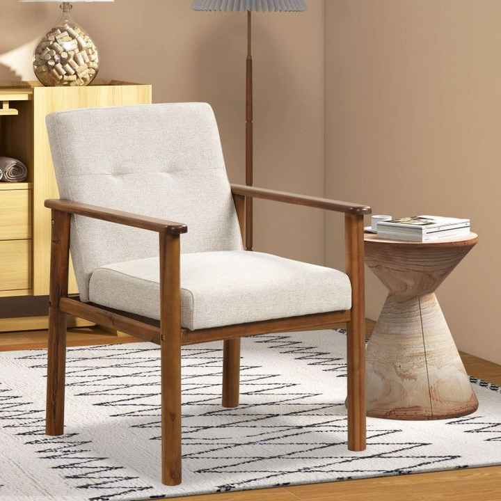 Modern Accent Linen Fabric Armchair with Soft Cushioned Seat & Solid Wood Legs for Living Room