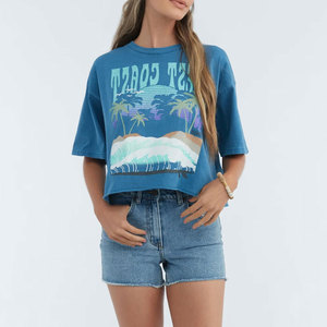 Women's Blue Crop T-Shirt Crew Neck Short Sleeve Printed Casual Loose Fit Spring Summer Wear - Product Image 2