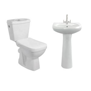 Juego de lavabo de cerámica de dos piezas para inodoro y pedestal con soporte de piso de doble descarga para uso en hoteles y exteriores - Product Image 2