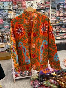 เสื้อแจ็คเก็ตกำมะหยี่สีส้มปักลายดอกไม้ คอจีน แขนยาว ทำมือ เปิดด้านหน้า สำหรับฤดูหนาว ของขวัญสำหรับผู้หญิง - Product Image 1