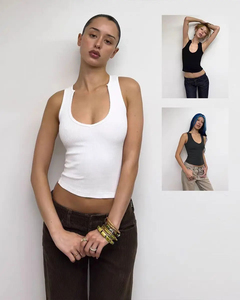 Crop top noir élégant pour femme, sans manches, coupe ajustée, col rond, décontracté, basique, été - Product Image 2