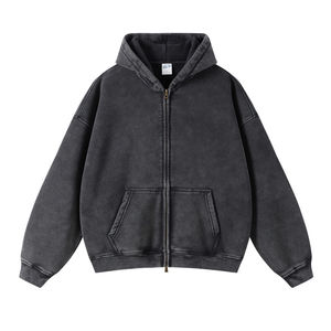 Sweat à capuche en velours lavé de haute qualité pour homme, avec logo personnalisé, coupe oversize, épais, à double fermeture éclair - Product Image 3