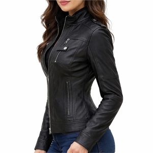 Veste en cuir noir ajustée pour femme avec fermeture éclair intégrale sur le devant, style moto, manches longues, col montant, style streetwear - Product Image 3