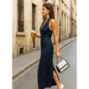 Midnight Navy Pinstripe Halter Neck Blazer Maxi Dress Executive Noir Double Breasted Halter Gown with Front Slit - Product Image 1