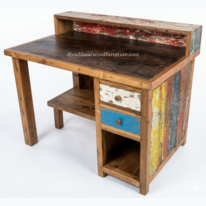 Escritorio DIVADI, Hecho a Mano con Madera de Barco Reciclada, Minimalista, Ecológico, Antiguo, para Oficina en Casa, con Cajones, Natural - Product Image 4