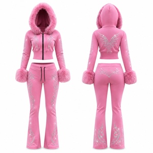 Conjunto de chándal de dos piezas personalizado para mujer con capucha de piel, sudadera con cremallera y pedrería, pantalones acampanados, estilo casual y cómodo para unisex. - Product Image 2