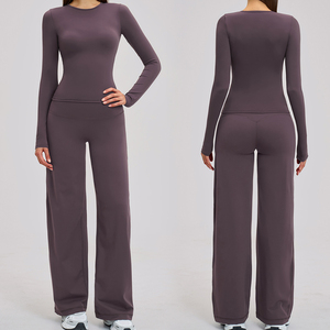 Conjunto de Yoga de 2 Piezas Personalizado para Mujer: Top Corto sin Mangas con Cuello Redondo y Pantalones de Pierna Ancha de Cintura Alta, Elásticos, de Secado Rápido, para Gimnasio, con Efecto Levanta Glúteos - Product Image 2