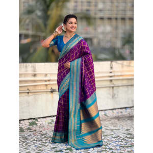 Sari en soie douce à carreaux violets Elite Weaves avec contraste traditionnel Zari tissé, élégant pour club - Product Image 6