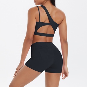 Seamless black yoga set Crisscross straps high waist shorts Breathable activewear women Scoop neck yoga outfit - Product Image 4