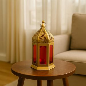 Glass Royal Lantern Golden & <b>Red</b> Decorative <b>Candle</b> Holder Premium Home Décor Lighting At Wholesale Export Supply - Product Image 2