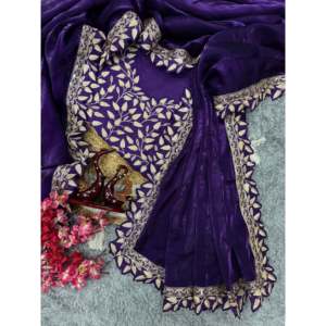 Sari de Noche de Diseñador con Bordado de Lentejuelas y Borde de Encaje, Vestido Indio de Lujo para Mujer - Product Image 5