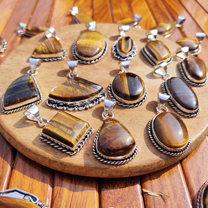 Collar de latón plateado con colgante de ojo de tigre natural, hecho a mano, con engaste de bisel de piedras preciosas, estilo bohemio, para mujer, boda, venta al por mayor - Product Image 5